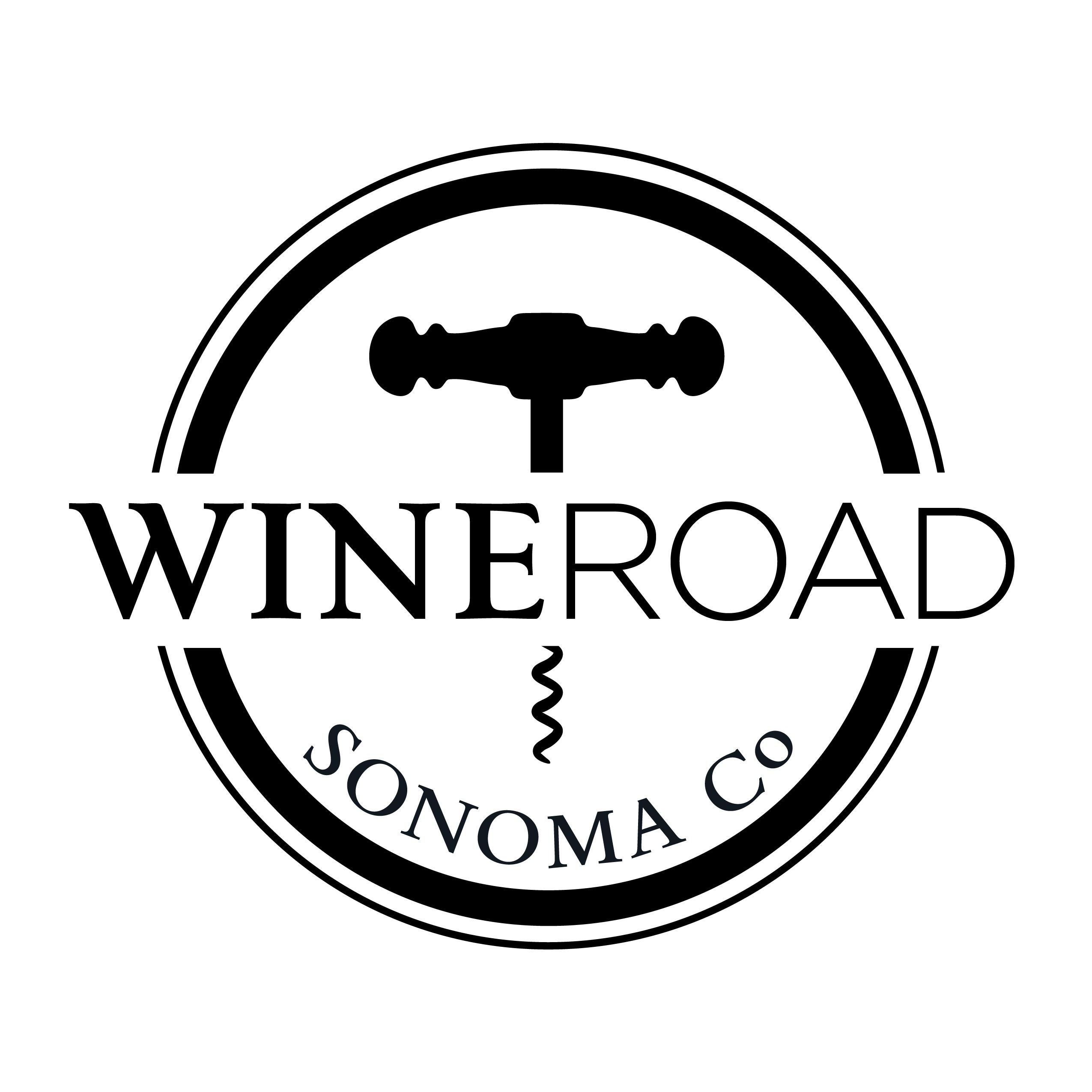 Black and white logo with a corkscrew above the words “Wine Road” and “Sonoma Co” in a circular design.
